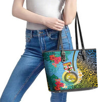 Vanuatu Malampa Fiji Day Leather Tote Bag Happy 10 October With Maps Tropical Flowers LT14 - Polynesian Pride