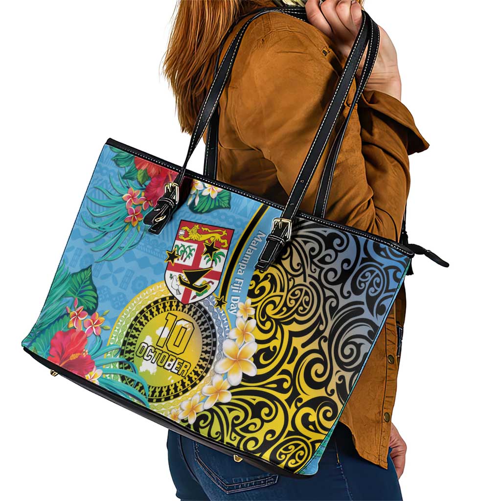 Vanuatu Malampa Fiji Day Leather Tote Bag Happy 10 October With Maps Tropical Flowers LT14 - Polynesian Pride