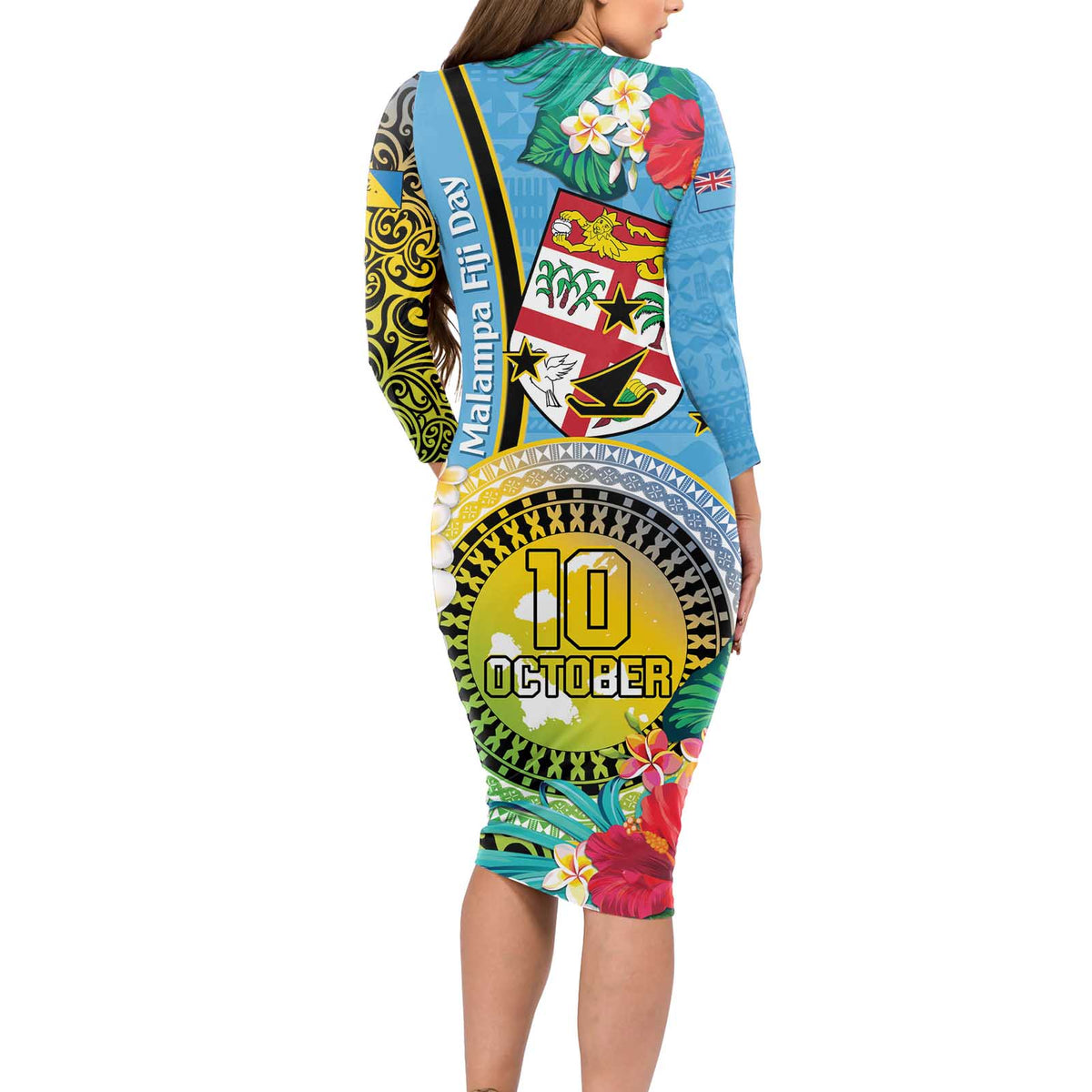 Vanuatu Malampa Fiji Day Long Sleeve Bodycon Dress Happy 10 October With Maps Tropical Flowers LT14 - Polynesian Pride