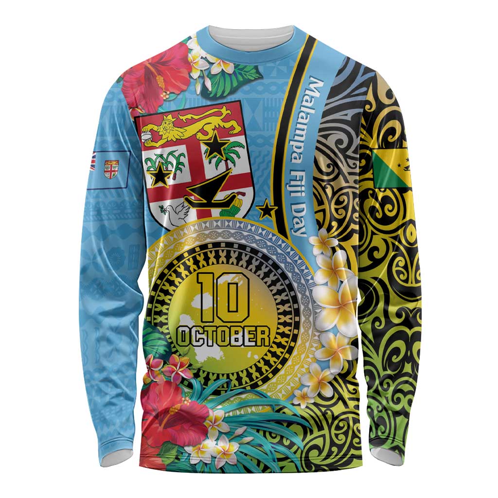 Vanuatu Malampa Fiji Day Long Sleeve Shirt Happy 10 October With Maps Tropical Flowers LT14 Unisex Blue - Polynesian Pride