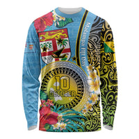 Vanuatu Malampa Fiji Day Long Sleeve Shirt Happy 10 October With Maps Tropical Flowers LT14 Unisex Blue - Polynesian Pride