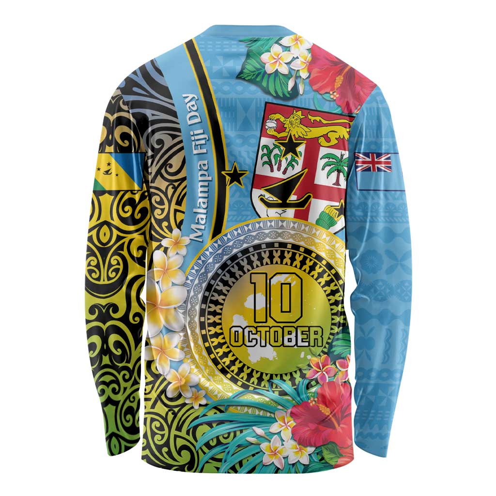 Vanuatu Malampa Fiji Day Long Sleeve Shirt Happy 10 October With Maps Tropical Flowers LT14 - Polynesian Pride