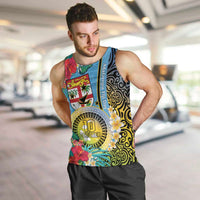 Vanuatu Malampa Fiji Day Men Tank Top Happy 10 October With Maps Tropical Flowers LT14 Blue - Polynesian Pride