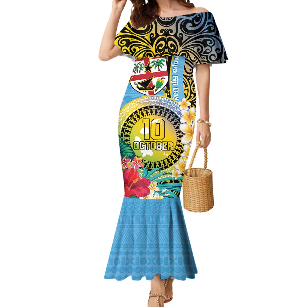 Vanuatu Malampa Fiji Day Mermaid Dress Happy 10 October With Maps Tropical Flowers LT14 Women Blue - Polynesian Pride