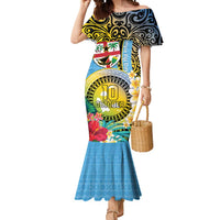Vanuatu Malampa Fiji Day Mermaid Dress Happy 10 October With Maps Tropical Flowers LT14 Women Blue - Polynesian Pride