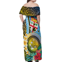 Vanuatu Malampa Fiji Day Off Shoulder Maxi Dress Happy 10 October With Maps Tropical Flowers LT14 - Polynesian Pride