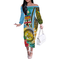 Vanuatu Malampa Fiji Day Off The Shoulder Long Sleeve Dress Happy 10 October With Maps Tropical Flowers LT14 Women Blue - Polynesian Pride