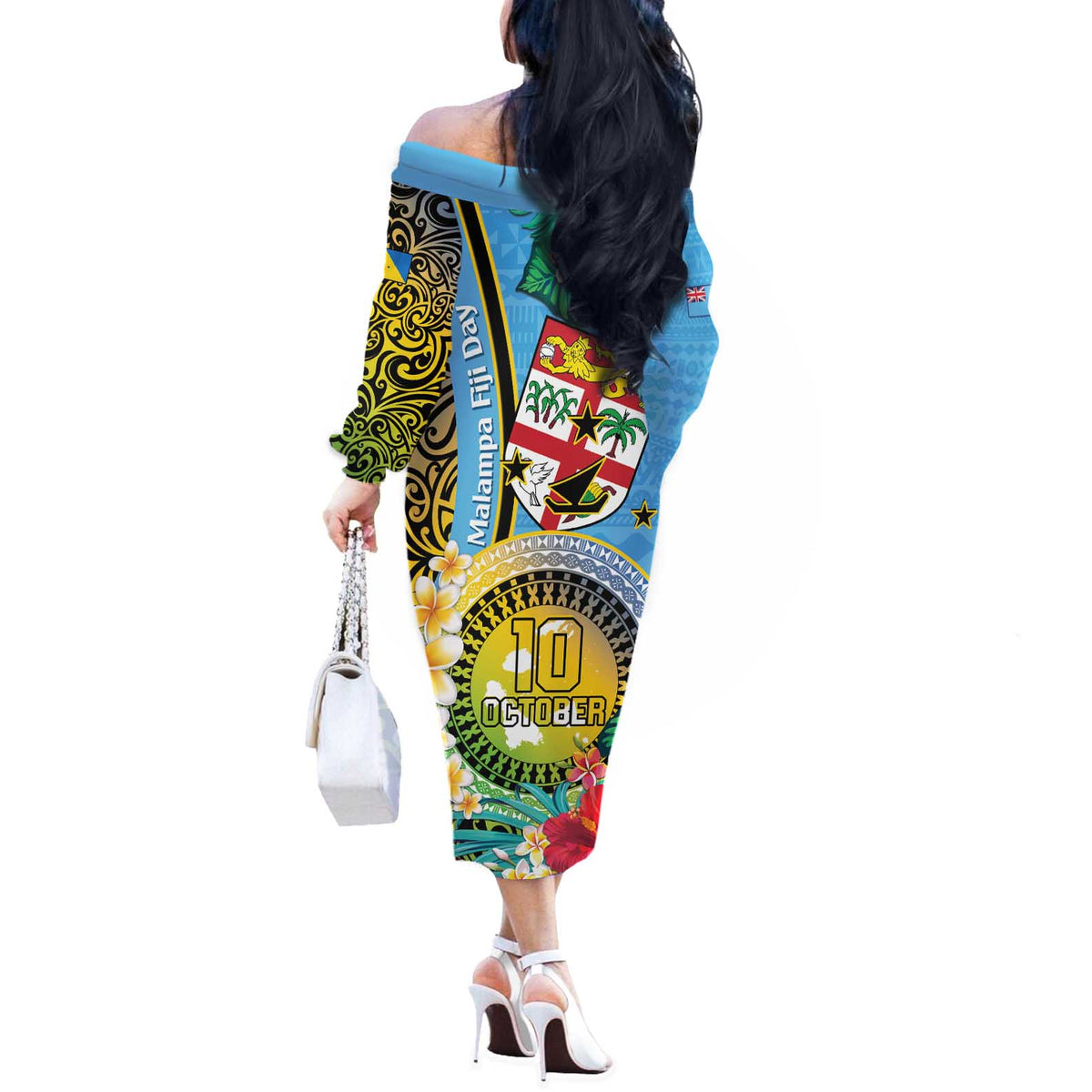 Vanuatu Malampa Fiji Day Off The Shoulder Long Sleeve Dress Happy 10 October With Maps Tropical Flowers LT14 - Polynesian Pride