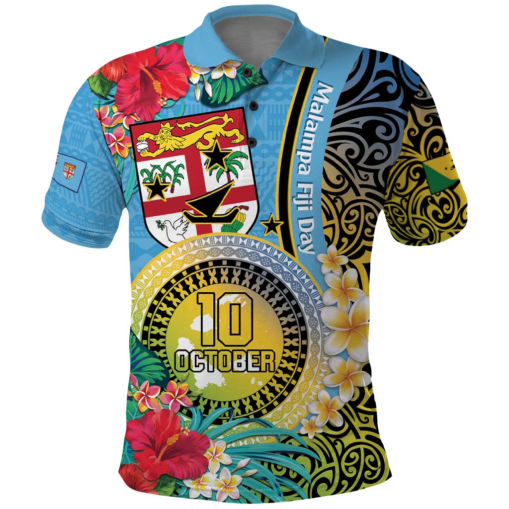 Vanuatu Malampa Fiji Day Polo Shirt Happy 10 October With Maps Tropical Flowers LT14 Blue - Polynesian Pride