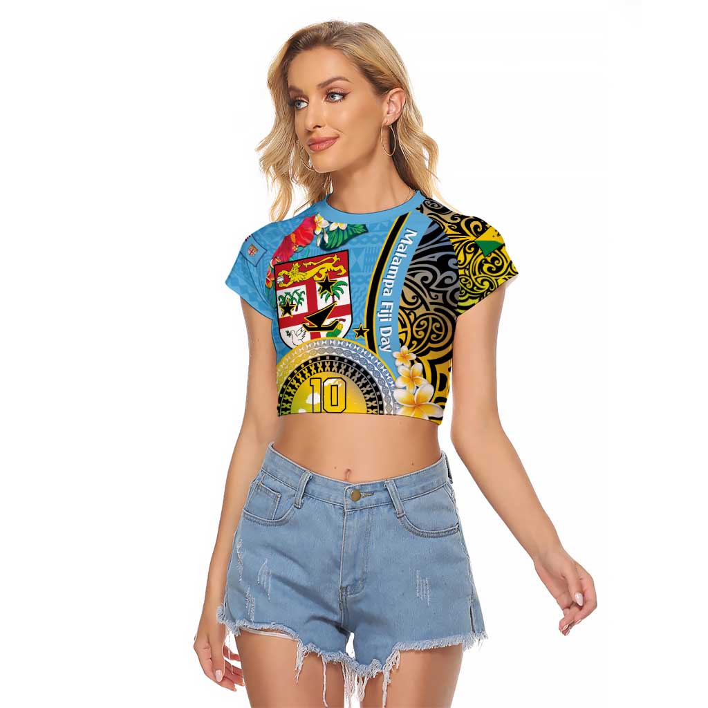 Vanuatu Malampa Fiji Day Raglan Cropped T Shirt Happy 10 October With Maps Tropical Flowers LT14 Female Blue - Polynesian Pride