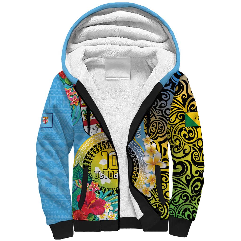 Vanuatu Malampa Fiji Day Sherpa Hoodie Happy 10 October With Maps Tropical Flowers LT14 Unisex Blue - Polynesian Pride
