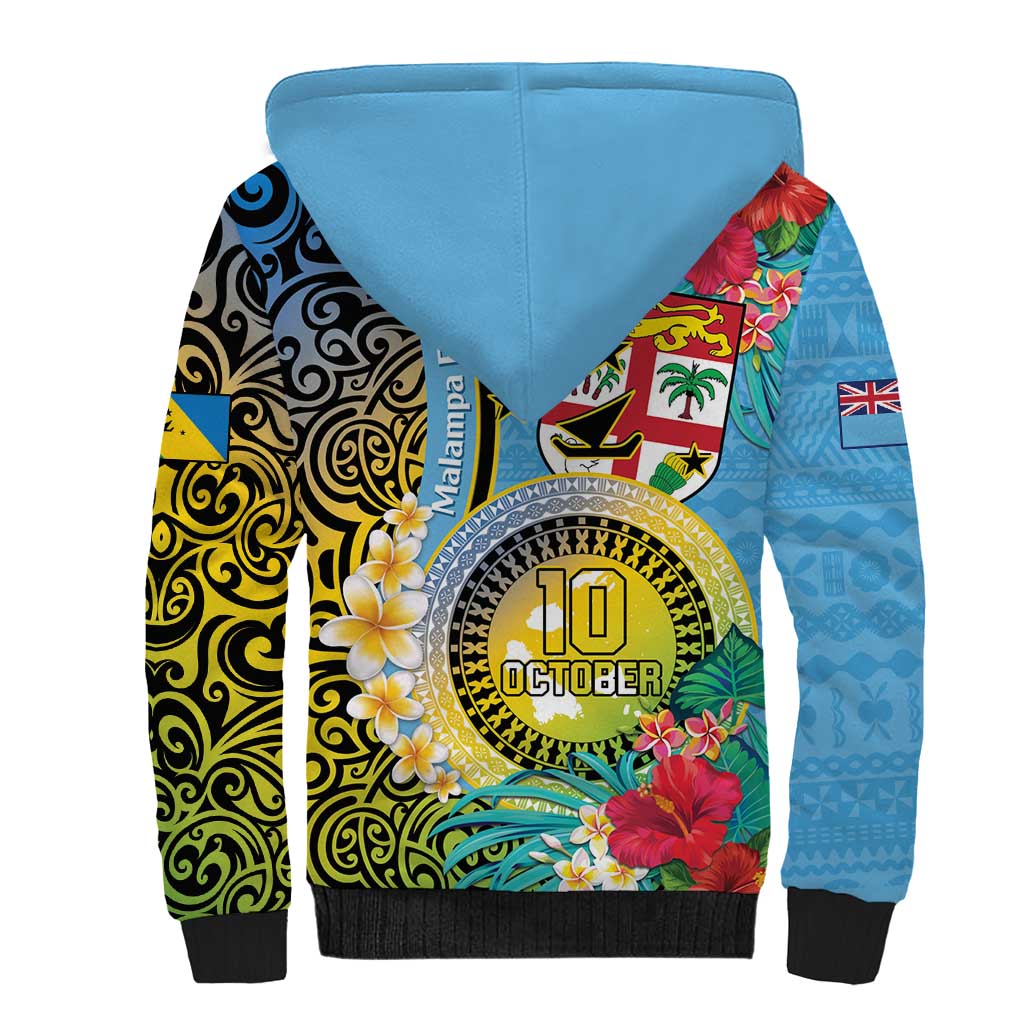 Vanuatu Malampa Fiji Day Sherpa Hoodie Happy 10 October With Maps Tropical Flowers LT14 - Polynesian Pride