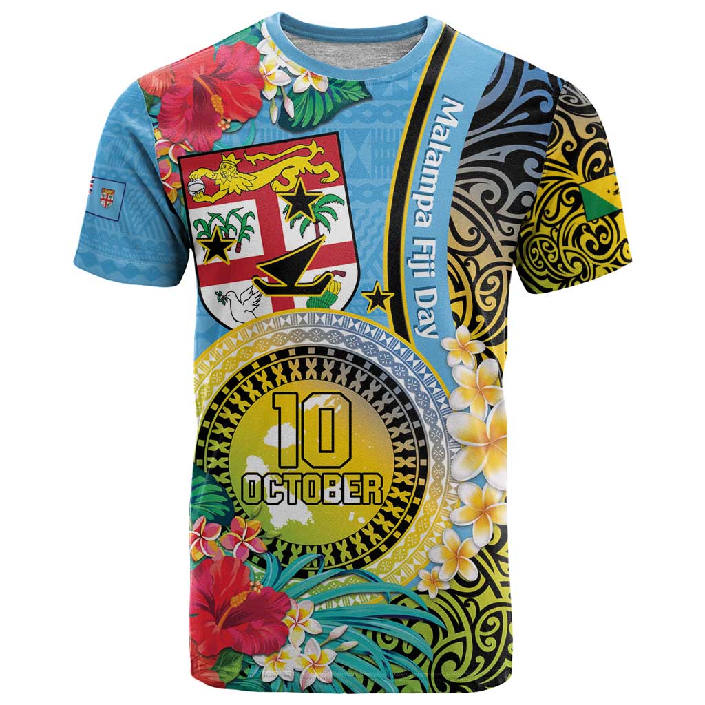 Vanuatu Malampa Fiji Day T Shirt Happy 10 October With Maps Tropical Flowers LT14 Blue - Polynesian Pride