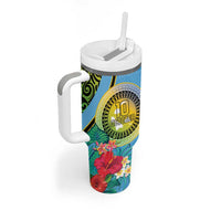 Vanuatu Malampa Fiji Day Tumbler With Handle Happy 10 October With Maps Tropical Flowers LT14 - Polynesian Pride