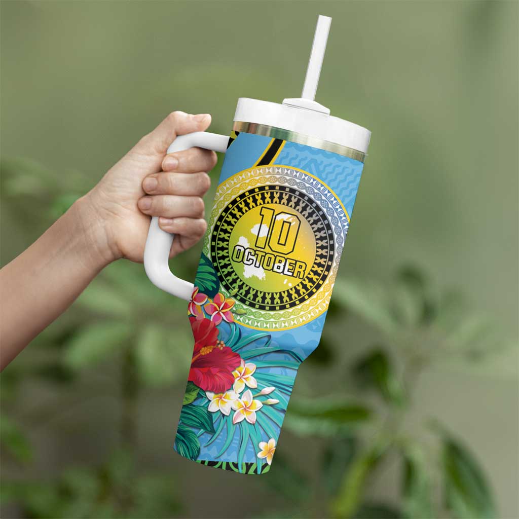 Vanuatu Malampa Fiji Day Tumbler With Handle Happy 10 October With Maps Tropical Flowers LT14 - Polynesian Pride