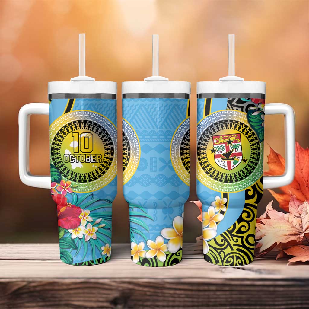Vanuatu Malampa Fiji Day Tumbler With Handle Happy 10 October With Maps Tropical Flowers LT14 - Polynesian Pride