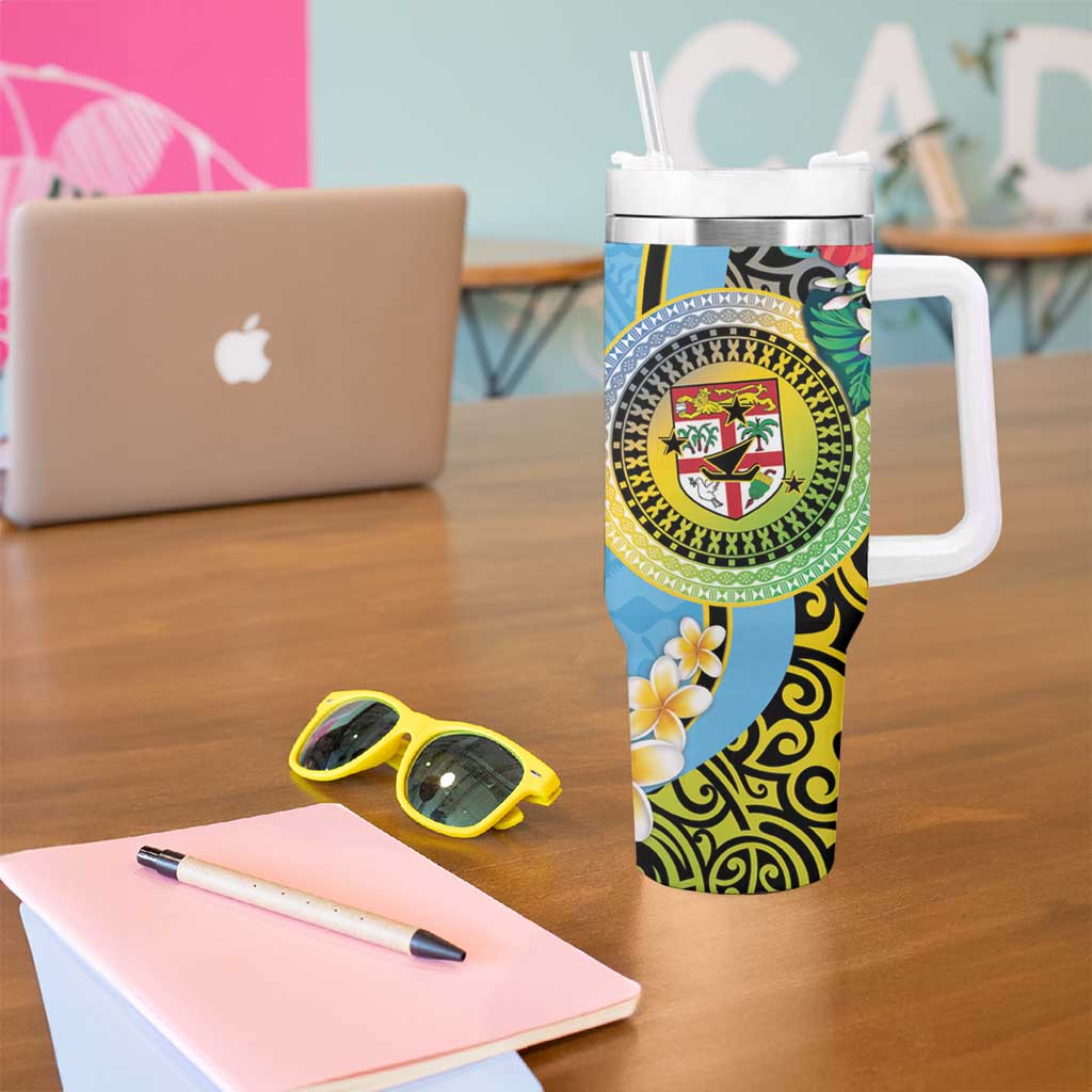 Vanuatu Malampa Fiji Day Tumbler With Handle Happy 10 October With Maps Tropical Flowers LT14 - Polynesian Pride