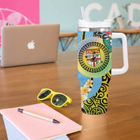 Vanuatu Malampa Fiji Day Tumbler With Handle Happy 10 October With Maps Tropical Flowers LT14 - Polynesian Pride