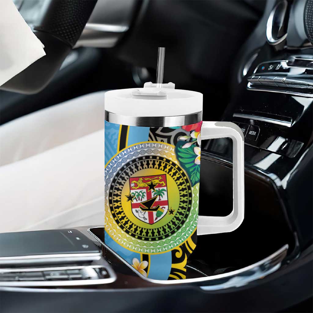 Vanuatu Malampa Fiji Day Tumbler With Handle Happy 10 October With Maps Tropical Flowers LT14 - Polynesian Pride