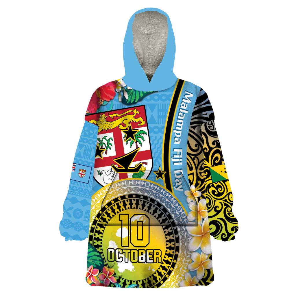 Vanuatu Malampa Fiji Day Wearable Blanket Hoodie Happy 10 October With Maps Tropical Flowers LT14 One Size Blue - Polynesian Pride