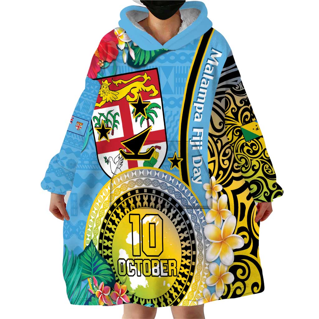 Vanuatu Malampa Fiji Day Wearable Blanket Hoodie Happy 10 October With Maps Tropical Flowers LT14 - Polynesian Pride