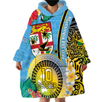 Vanuatu Malampa Fiji Day Wearable Blanket Hoodie Happy 10 October With Maps Tropical Flowers LT14 - Polynesian Pride