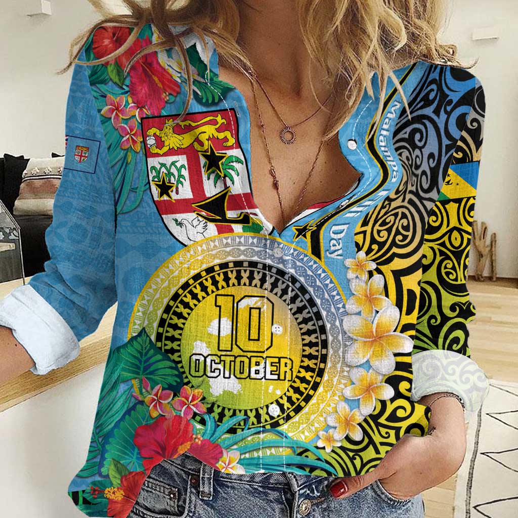 Vanuatu Malampa Fiji Day Women Casual Shirt Happy 10 October With Maps Tropical Flowers LT14 Female Blue - Polynesian Pride