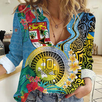 Vanuatu Malampa Fiji Day Women Casual Shirt Happy 10 October With Maps Tropical Flowers LT14 Female Blue - Polynesian Pride