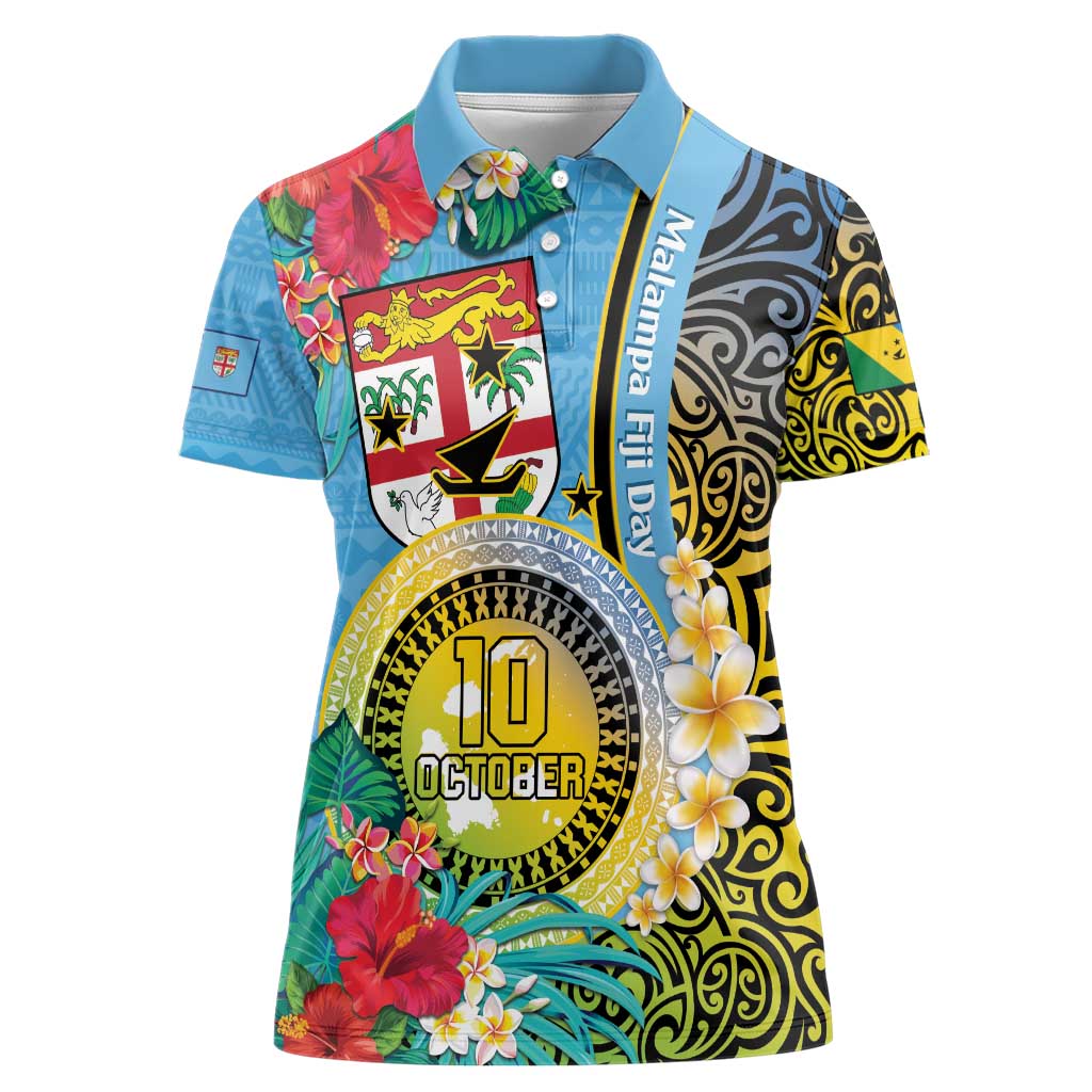 Vanuatu Malampa Fiji Day Women Polo Shirt Happy 10 October With Maps Tropical Flowers LT14 Female Blue - Polynesian Pride