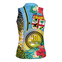 Vanuatu Malampa Fiji Day Women Sleeveless Polo Shirt Happy 10 October With Maps Tropical Flowers LT14 - Polynesian Pride