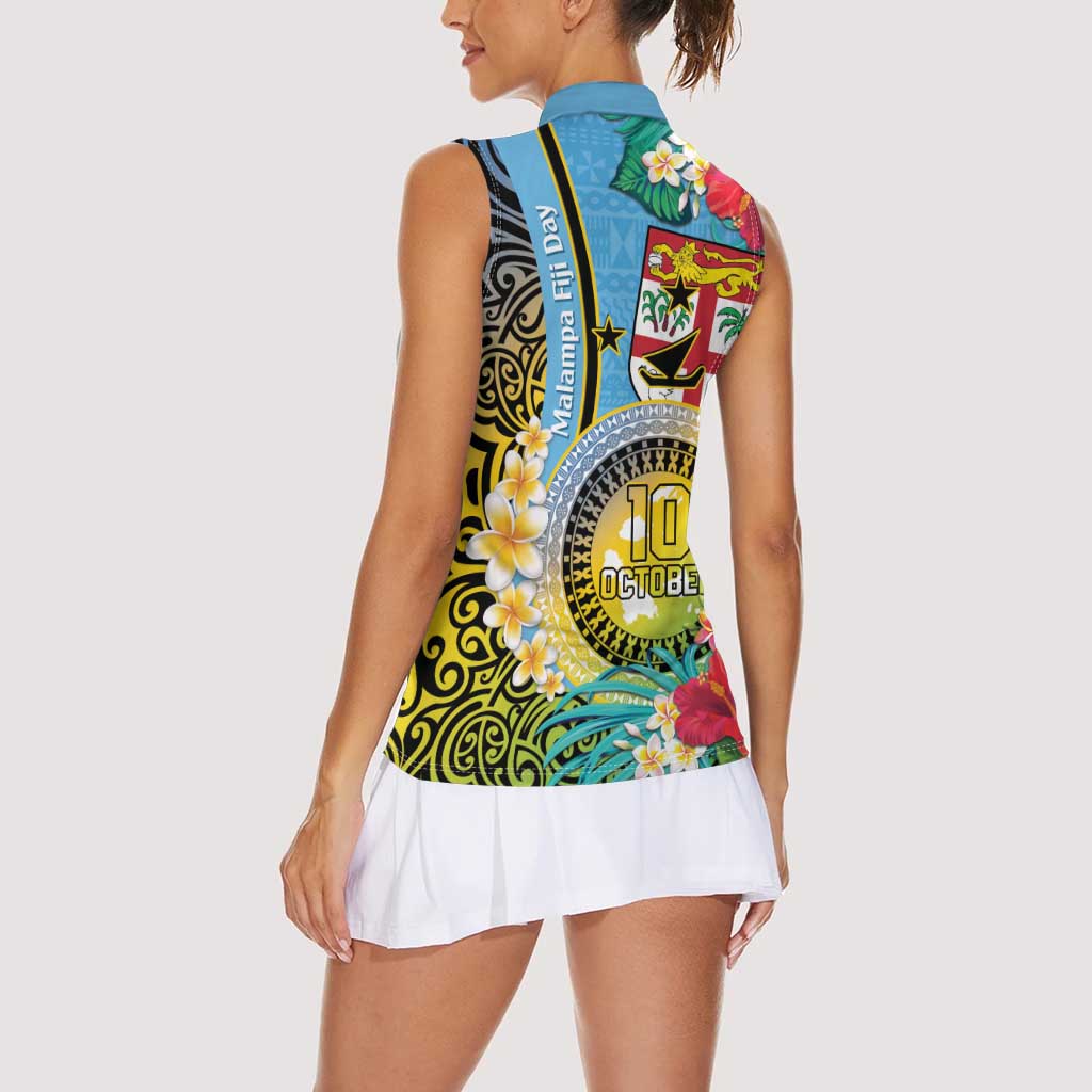 Vanuatu Malampa Fiji Day Women Sleeveless Polo Shirt Happy 10 October With Maps Tropical Flowers LT14 - Polynesian Pride