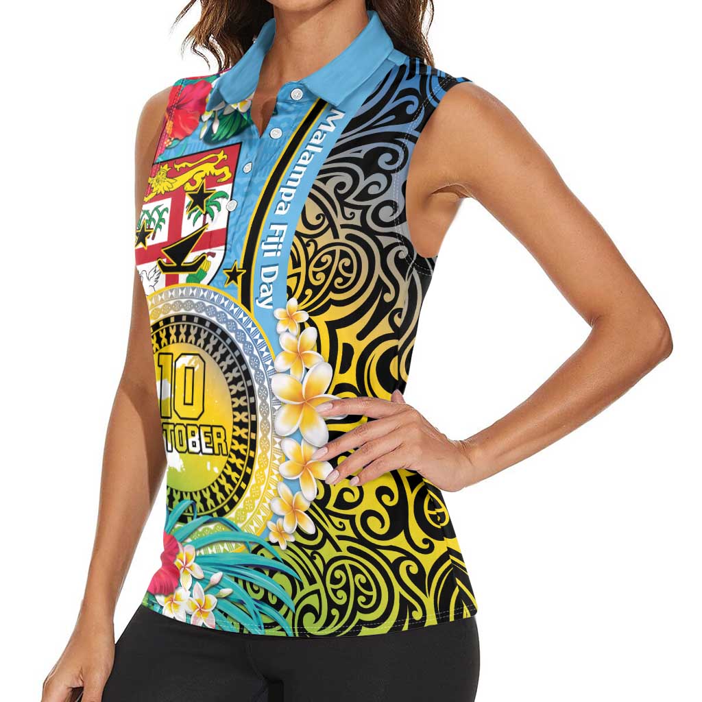 Vanuatu Malampa Fiji Day Women Sleeveless Polo Shirt Happy 10 October With Maps Tropical Flowers LT14 - Polynesian Pride
