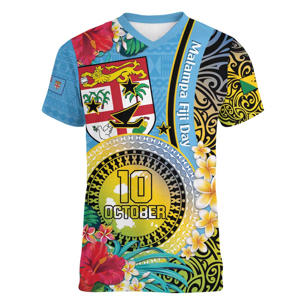 Vanuatu Malampa Fiji Day Women V-Neck T-Shirt Happy 10 October With Maps Tropical Flowers LT14 Female Blue - Polynesian Pride