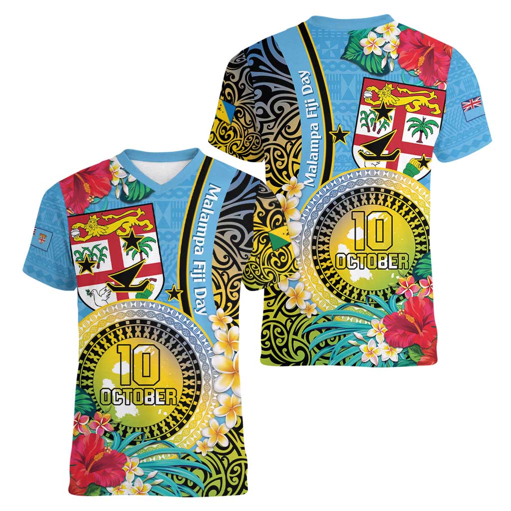 Vanuatu Malampa Fiji Day Women V-Neck T-Shirt Happy 10 October With Maps Tropical Flowers LT14 - Polynesian Pride