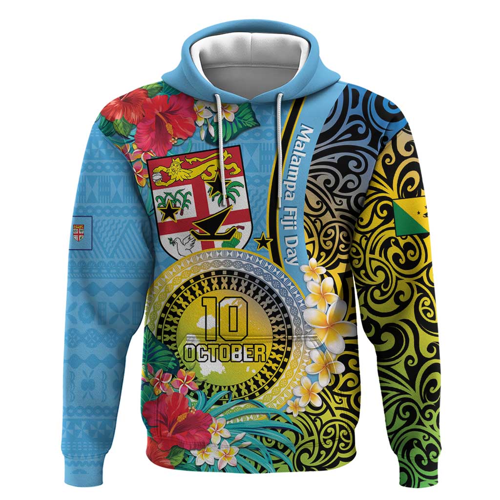 Vanuatu Malampa Fiji Day Zip Hoodie Happy 10 October With Maps Tropical Flowers LT14 Pullover Hoodie Blue - Polynesian Pride