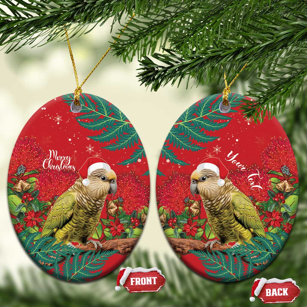 Personalised New Zealand Kakapo Christmas Ceramic Ornament Meri Kirihimete Silver Fern Mix Pohutukawa LT14 Oval Red - Polynesian Pride