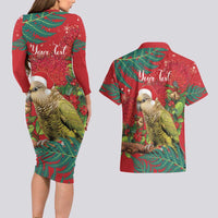 Personalised New Zealand Kakapo Christmas Couples Matching Long Sleeve Bodycon Dress and Hawaiian Shirt Meri Kirihimete Silver Fern Mix Pohutukawa LT14 - Polynesian Pride