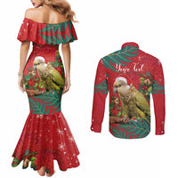 Personalised New Zealand Kakapo Christmas Couples Matching Mermaid Dress and Long Sleeve Button Shirt Meri Kirihimete Silver Fern Mix Pohutukawa LT14 - Polynesian Pride