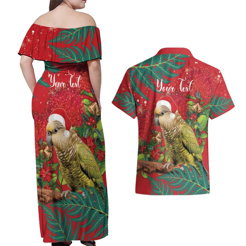 Personalised New Zealand Kakapo Christmas Couples Matching Off Shoulder Maxi Dress and Hawaiian Shirt Meri Kirihimete Silver Fern Mix Pohutukawa LT14 - Polynesian Pride