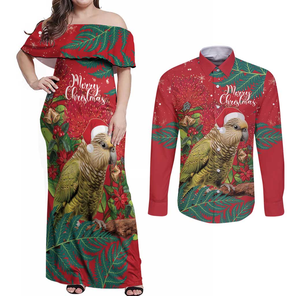 Personalised New Zealand Kakapo Christmas Couples Matching Off Shoulder Maxi Dress and Long Sleeve Button Shirt Meri Kirihimete Silver Fern Mix Pohutukawa LT14 Red - Polynesian Pride