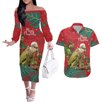 Personalised New Zealand Kakapo Christmas Couples Matching Off The Shoulder Long Sleeve Dress and Hawaiian Shirt Meri Kirihimete Silver Fern Mix Pohutukawa LT14 Red - Polynesian Pride