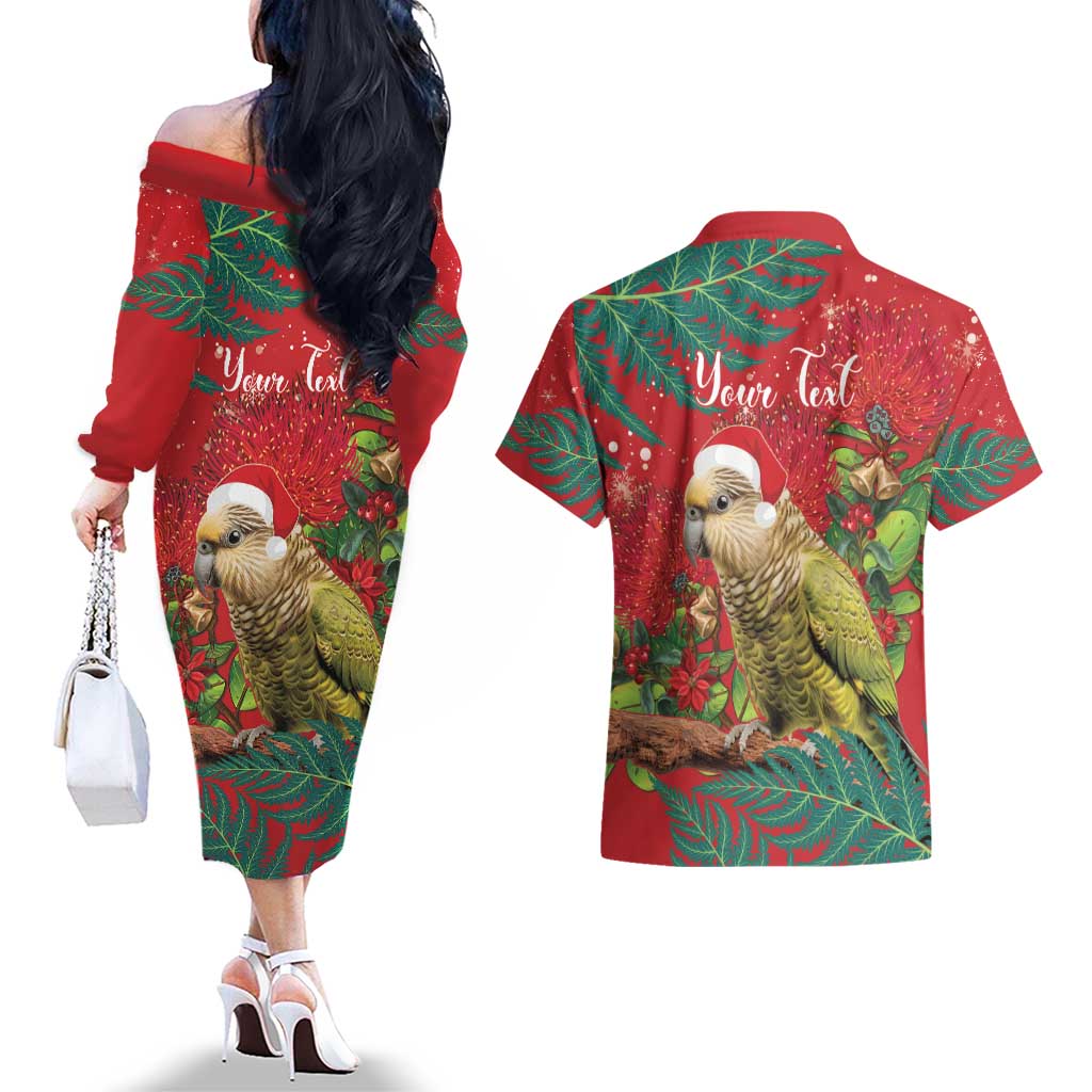 Personalised New Zealand Kakapo Christmas Couples Matching Off The Shoulder Long Sleeve Dress and Hawaiian Shirt Meri Kirihimete Silver Fern Mix Pohutukawa LT14 - Polynesian Pride