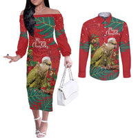 Personalised New Zealand Kakapo Christmas Couples Matching Off The Shoulder Long Sleeve Dress and Long Sleeve Button Shirt Meri Kirihimete Silver Fern Mix Pohutukawa LT14 Red - Polynesian Pride