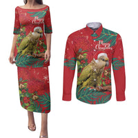 Personalised New Zealand Kakapo Christmas Couples Matching Puletasi and Long Sleeve Button Shirt Meri Kirihimete Silver Fern Mix Pohutukawa LT14 Red - Polynesian Pride