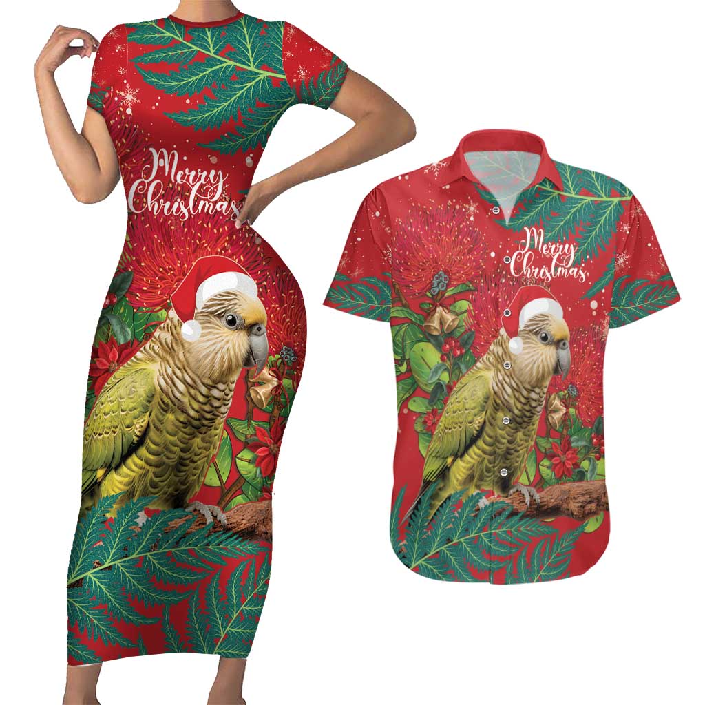 Personalised New Zealand Kakapo Christmas Couples Matching Short Sleeve Bodycon Dress and Hawaiian Shirt Meri Kirihimete Silver Fern Mix Pohutukawa LT14 Red - Polynesian Pride
