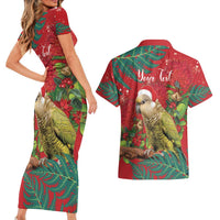 Personalised New Zealand Kakapo Christmas Couples Matching Short Sleeve Bodycon Dress and Hawaiian Shirt Meri Kirihimete Silver Fern Mix Pohutukawa LT14 - Polynesian Pride