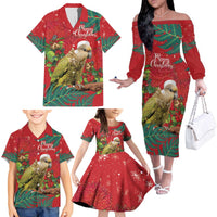 Personalised New Zealand Kakapo Christmas Family Matching Off The Shoulder Long Sleeve Dress and Hawaiian Shirt Meri Kirihimete Silver Fern Mix Pohutukawa LT14 - Polynesian Pride