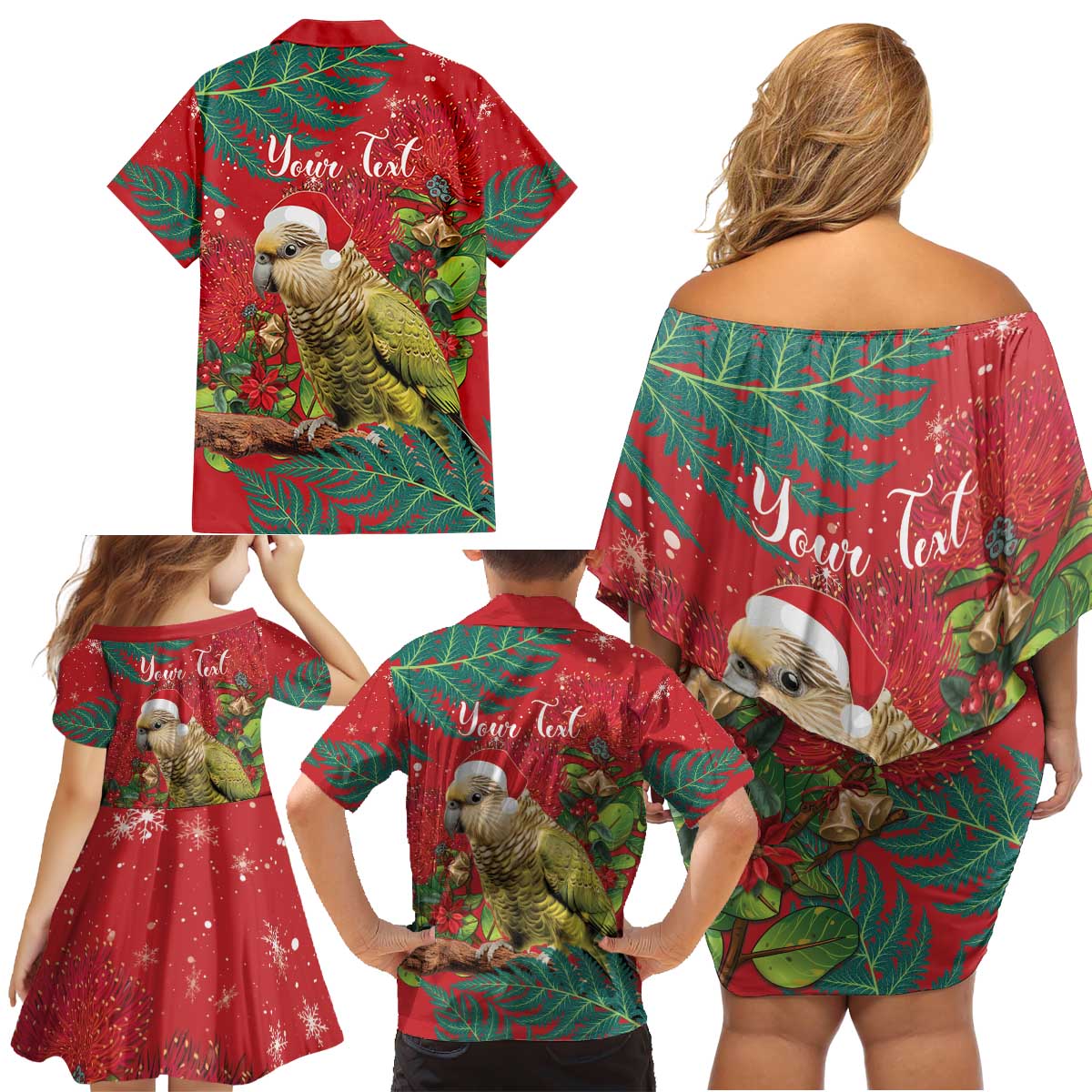 Personalised New Zealand Kakapo Christmas Family Matching Off Shoulder Short Dress and Hawaiian Shirt Meri Kirihimete Silver Fern Mix Pohutukawa LT14 - Polynesian Pride