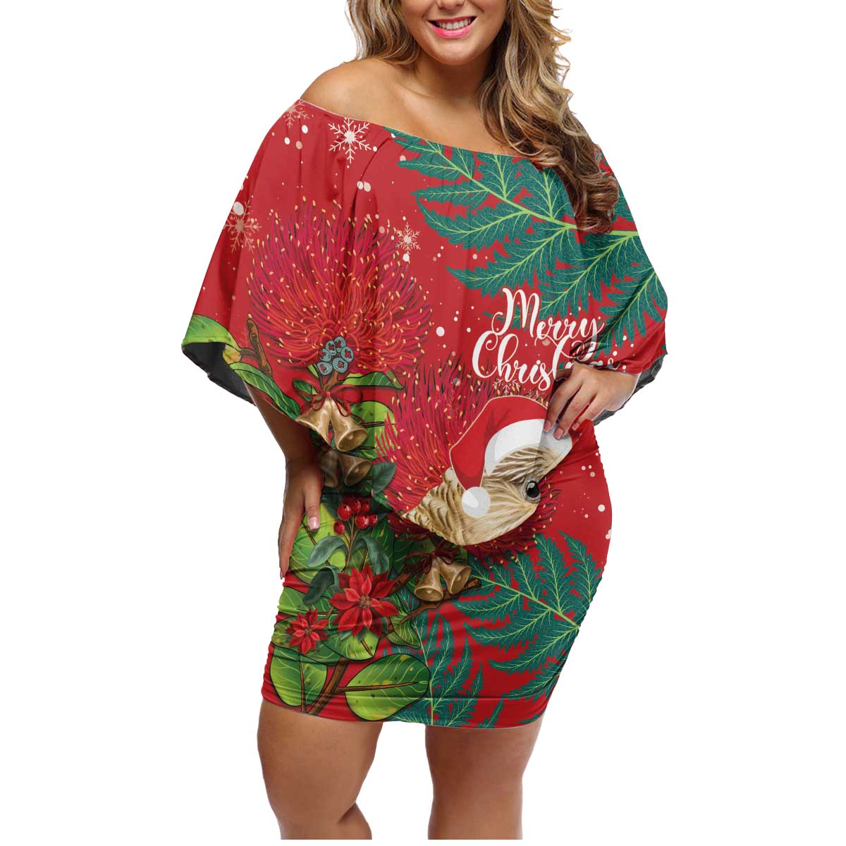 Personalised New Zealand Kakapo Christmas Family Matching Off Shoulder Short Dress and Hawaiian Shirt Meri Kirihimete Silver Fern Mix Pohutukawa LT14 Mom's Dress Red - Polynesian Pride
