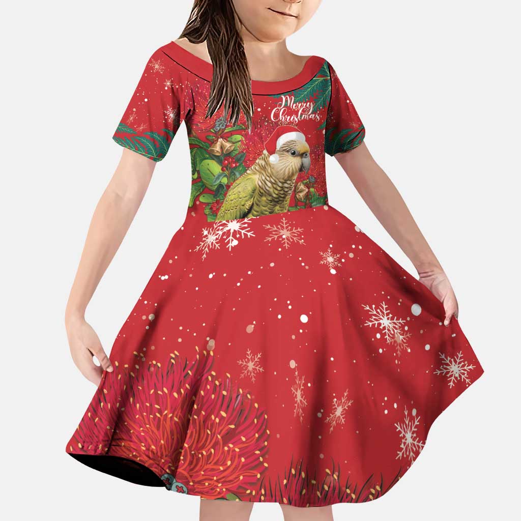 Personalised New Zealand Kakapo Christmas Family Matching Puletasi and Hawaiian Shirt Meri Kirihimete Silver Fern Mix Pohutukawa LT14 Daughter's Dress Red - Polynesian Pride